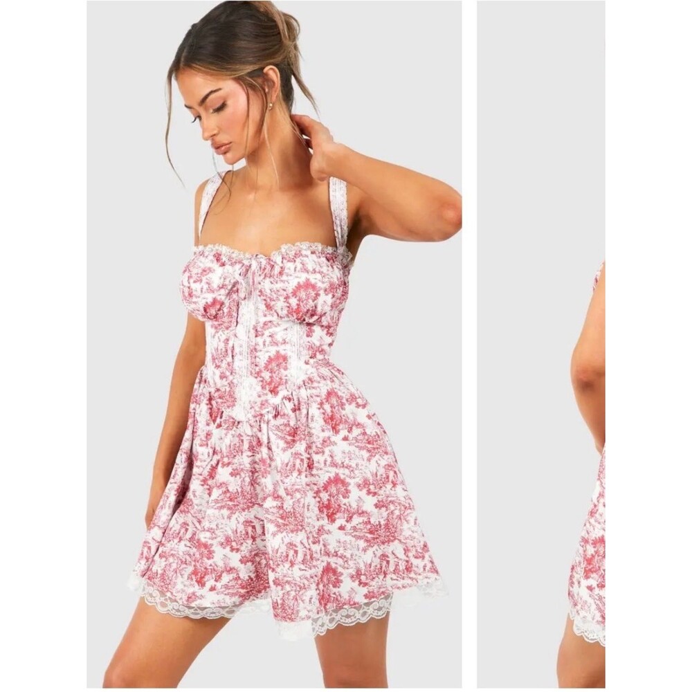 Boohoo Porcelain Strappy Milkmaid Mini Dress Red White Lace Trim Coquette 12